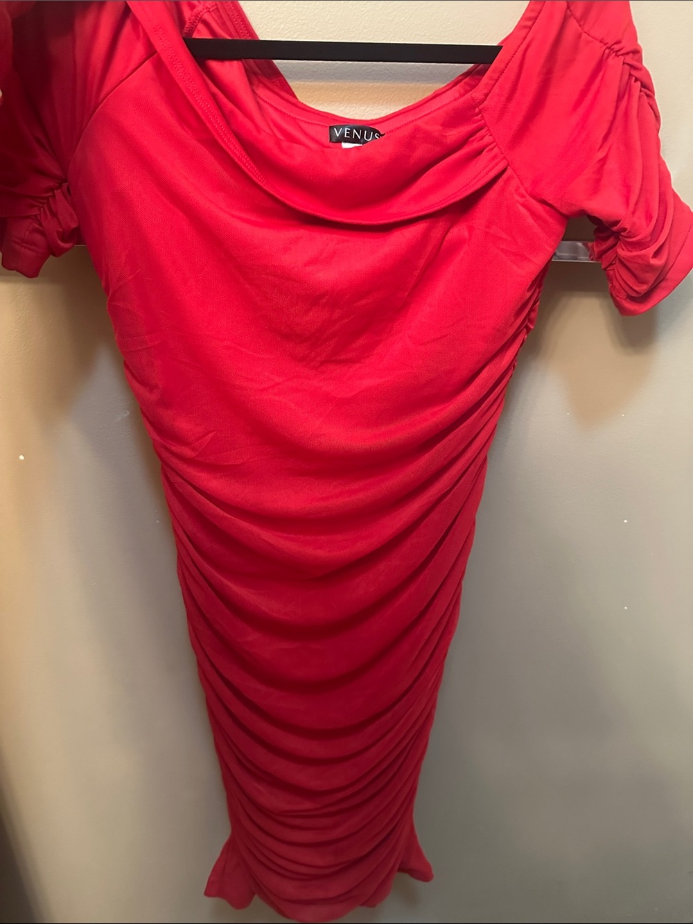 VENUS Bright Red Ruched Midi Dress